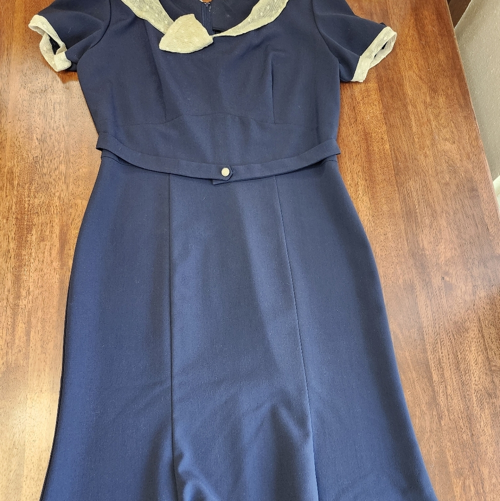Stop Staring Navy Dress with Cream Trim - Picture 10 of 11